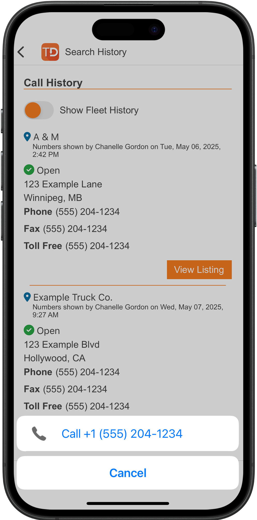 Access to Saved Search and Call History App Screen