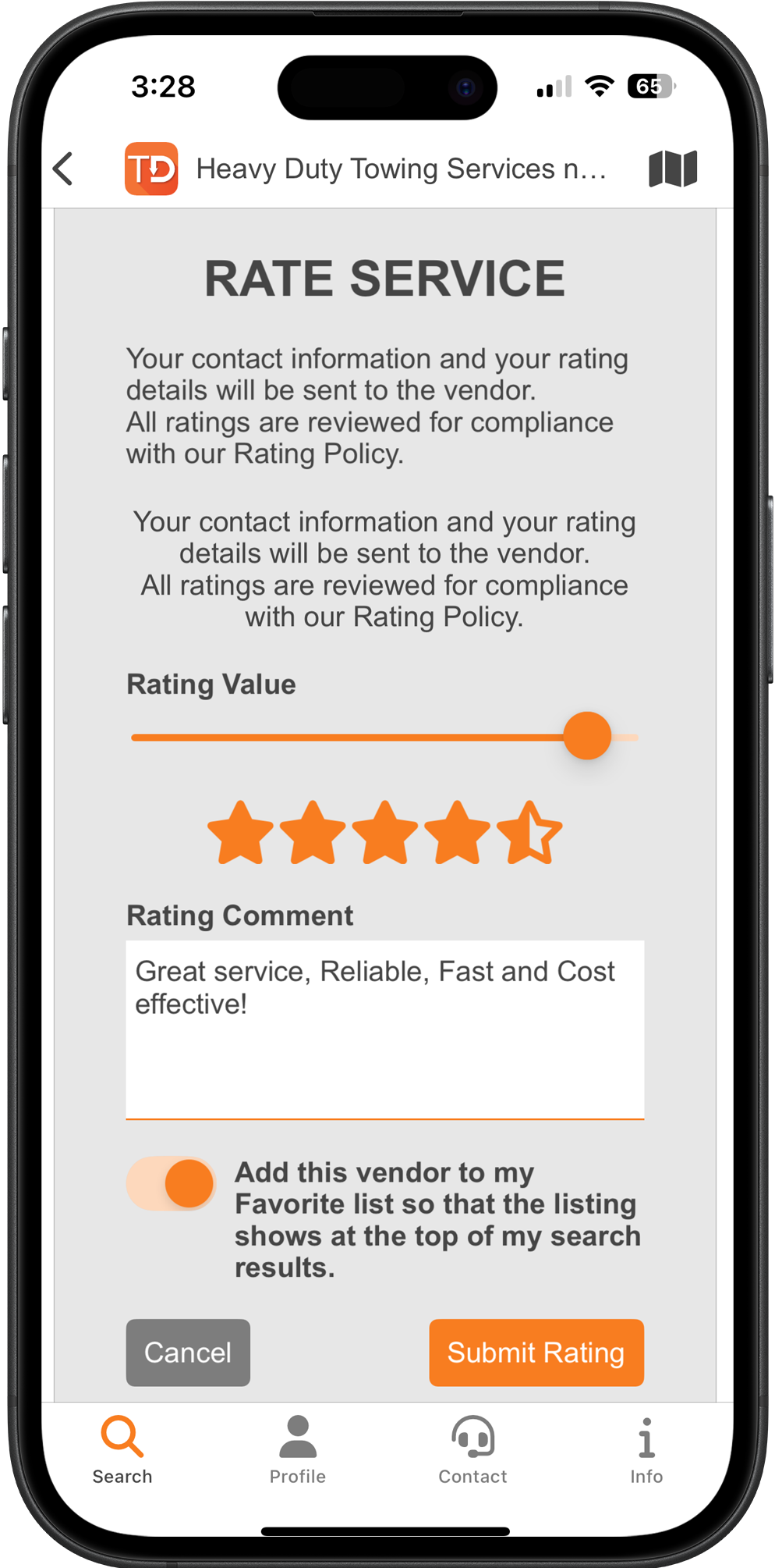 Rate and Review Vendor Services App Screen