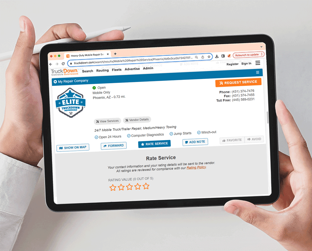 A tablet with Truckdown website open